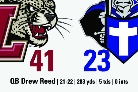 Quarterback Drew Reed 17 completed 21 of 22 passes, passed for 283 yards, and tossed 5 touchdowns in Saturdays 41-23 win at Holy Cross.