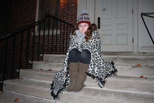 Sarah Walko ‘15 bundles up for the cold weather outside of Soles residence hall.