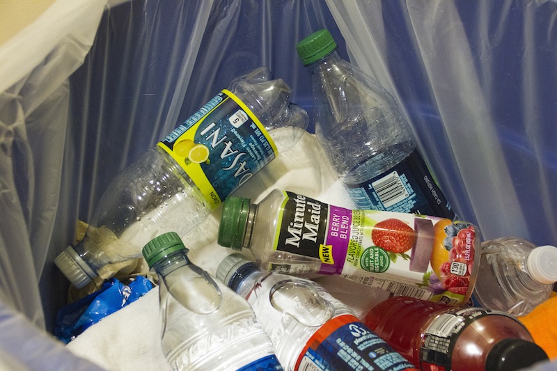 Bottles recycled in bin in Farinon Center. [Photo by Hana Isihara‘17]