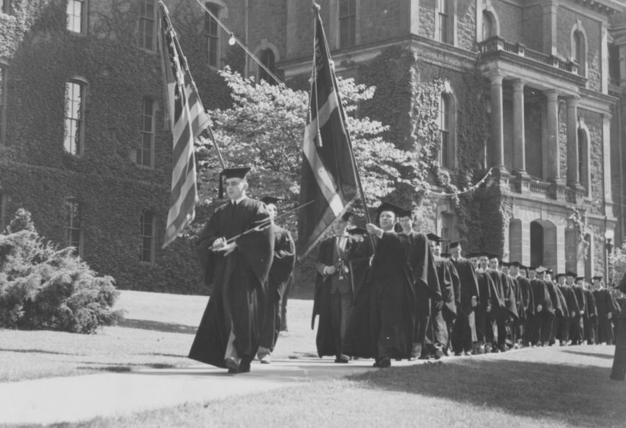 A 1940 graduation procession led by Lafayette’s sword.
[Photo courtesy of Diane Shaw and Lafayette College Archives]