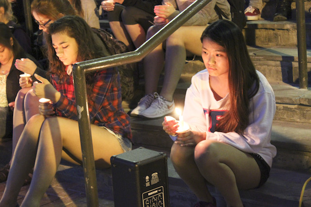 Students light candles in support of Nepal earthquake victims.
[Photo by Christina Shaman ‘16]