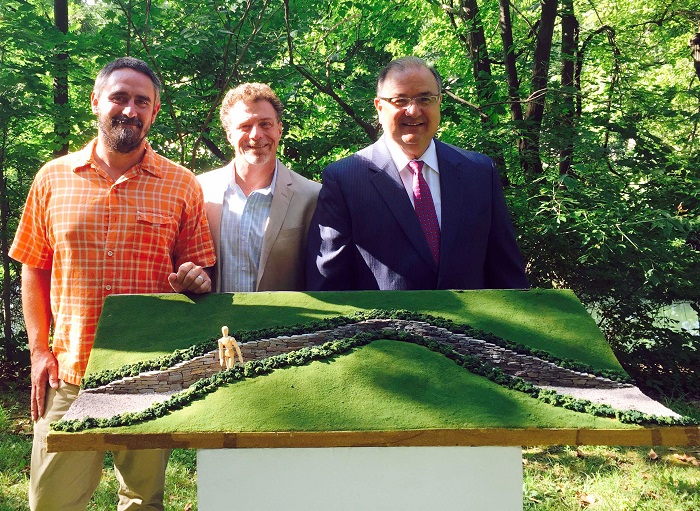 Paul Deery, Jim Toia and Mayor Sal Panto pose with a model of “Water Way.” [Photo courtesy of Jim Toia]