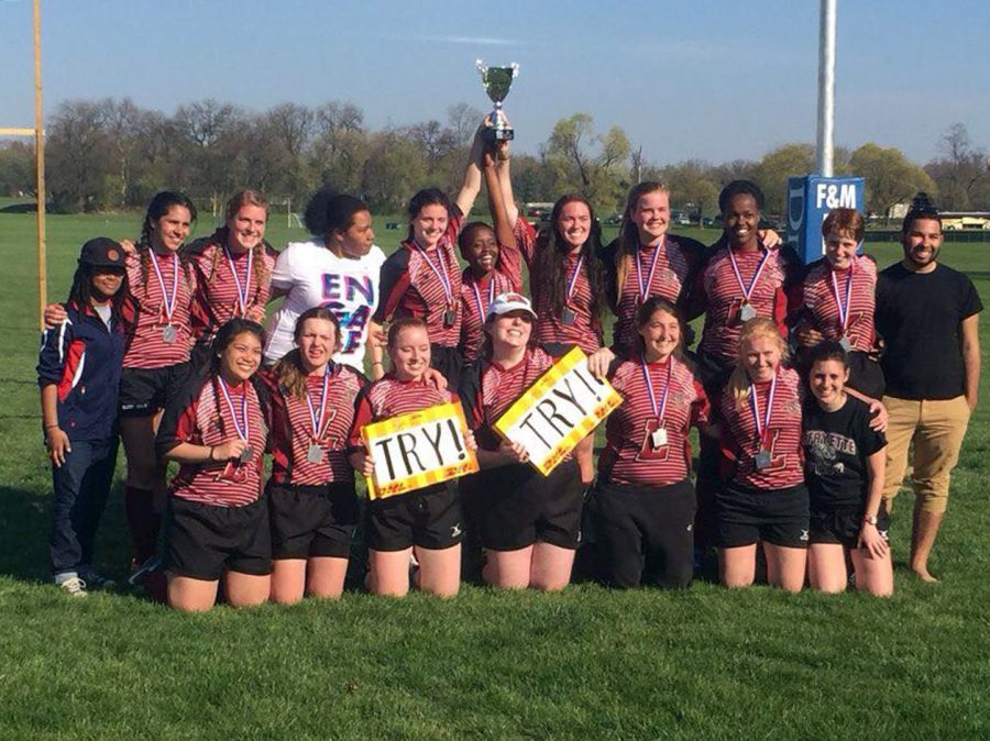 Photo courtesy of Lafayette College Womens Rugby. The rugby team celebrates their EPRU success.