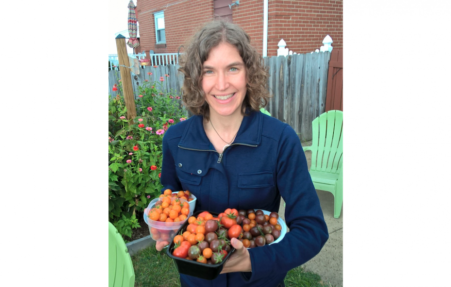 Marie Fichek-Kirk, Lafayettes news sustainability director, with her tomatoes from her home garden. (Courtesy of Marie Fichek-Kirk)
