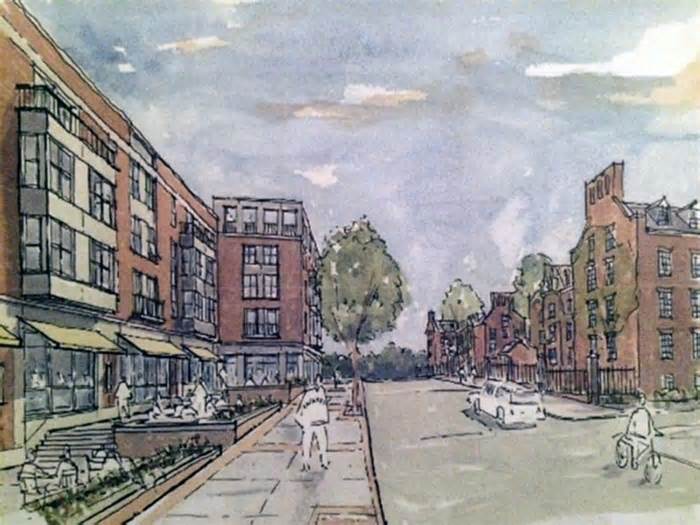 Conceptual watercolor sketches of the view from High Street down McCartney Street toward March Street. (Courtesy of the Presidents Office)