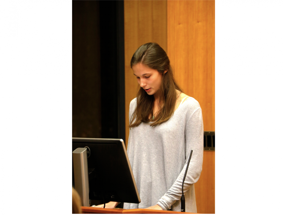 Winner of the Flash Fiction Contest Krystyna Keller '21 read her story Tuesday. (Photo by Jess Furtado '19)