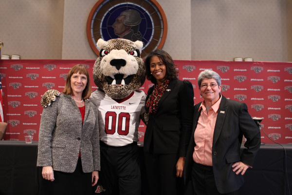 From left, President Alison Byerly, the Lafayette Leopard, new Athletic Director Sherryta Freeman, and VP for Campus Life Annette Diorio. (Photo courtesy of Athletic Communications)