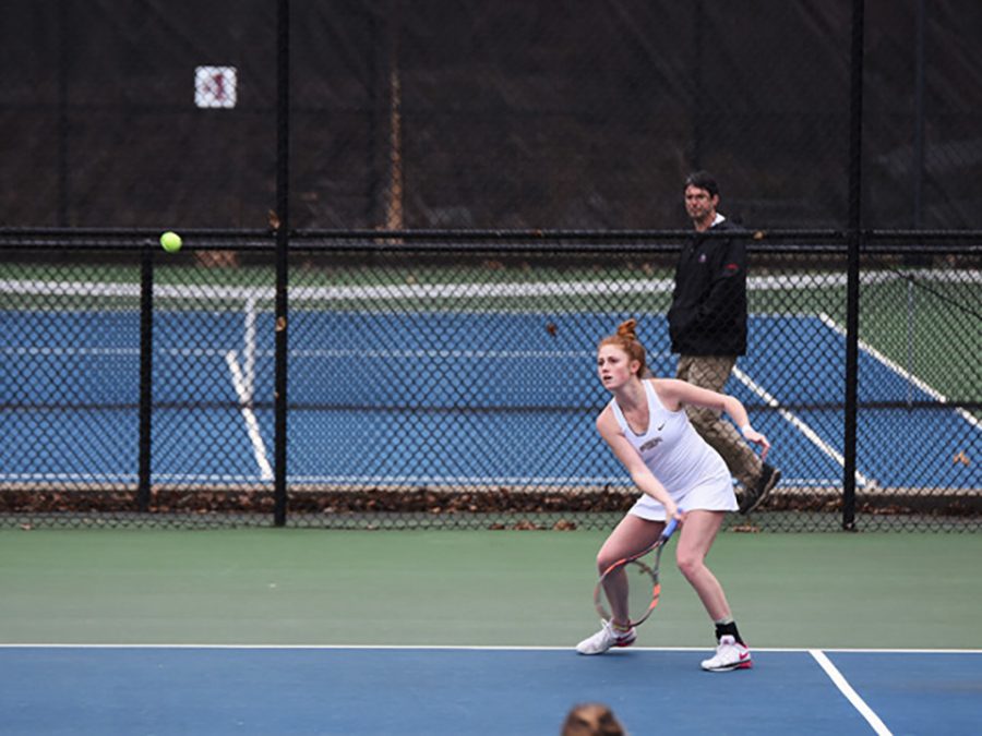 Sophomore+Katie+Hill+prepares+to+return+the+ball.+Photo+Courtesy+of+Athletic+Communications
