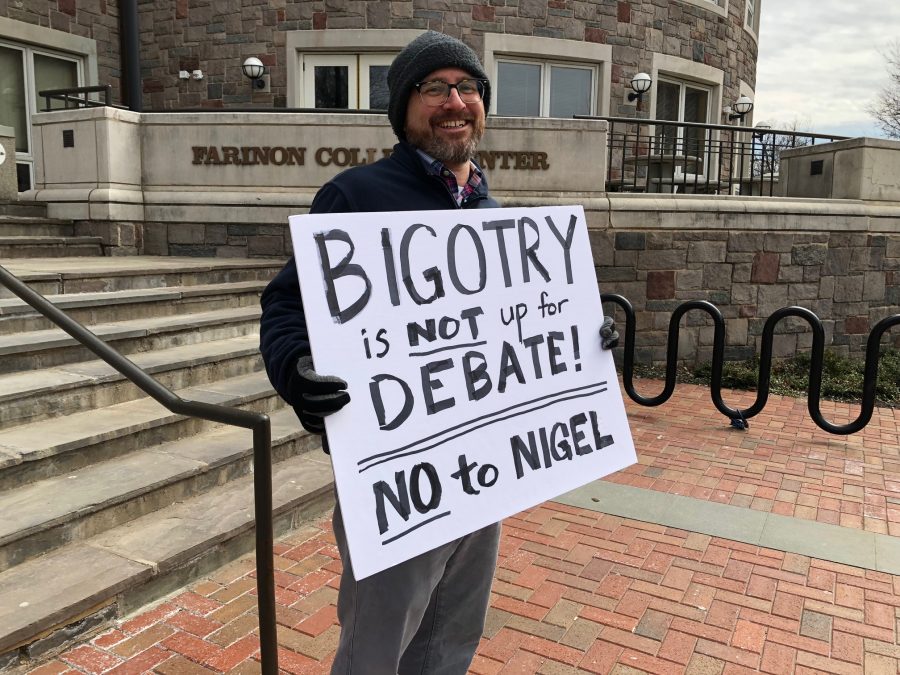 Professor Brett Hendrickson has been protesting the colleges decision to host former UKIP leader Nigel Farage. Photo by Claire Grunewald 20