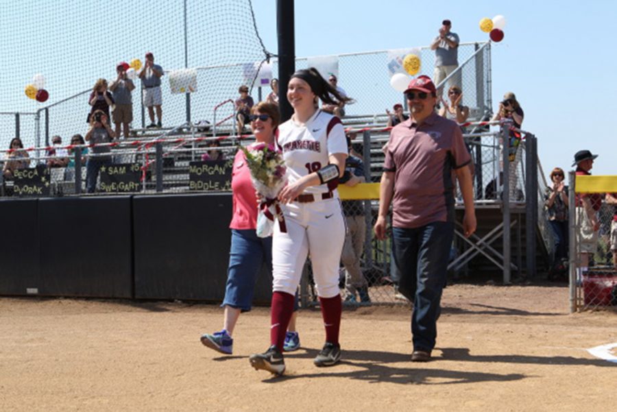 Softball+honored+four+seniors+at+their+last+home+series+of+the+season%2C+including+infielder+Miranda+Skurla%2C+pictured.+%28Photo+courtesy+of+Athletic+Communications%29