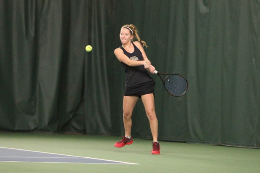 Grace Conrad 20 (pictured) tied a set in the quarterfinal of the Patriot League Tournament where womens tennis lost to Army. (Photo courtesy of Athletic Communications)