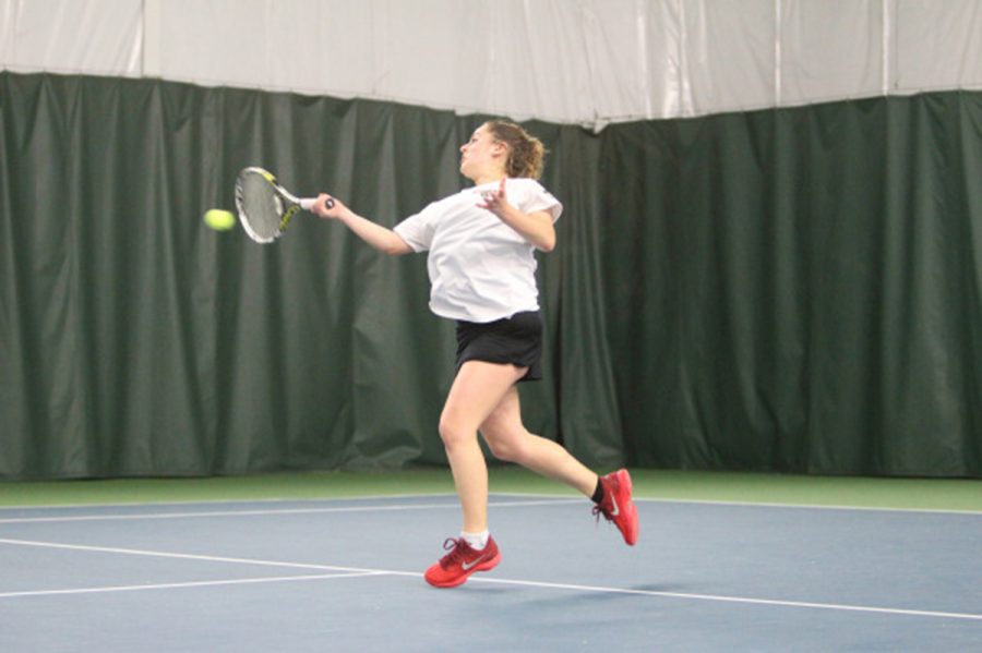 Freshman tennis player Cece Lesnick (pictured) has anchored the top spot in singles and doubles since the season started. (Photo courtesy of Athletic Communications)