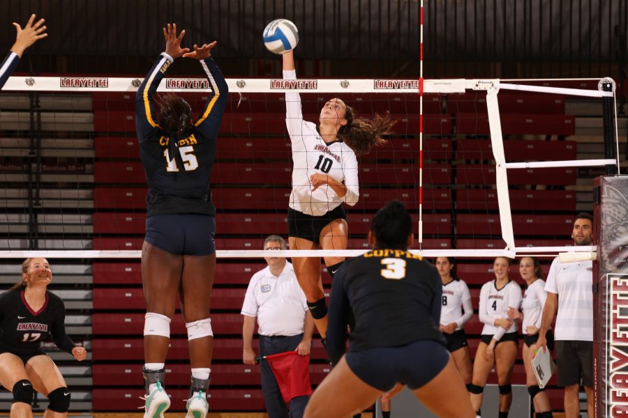 Junior+Katrina+Ruggiero+%2810%29+led+the+team+with+19+kills+in+the+Leopards+win+over+Coppin+State.+%28Photo+Courtesy+of+Athletic+Communications%29