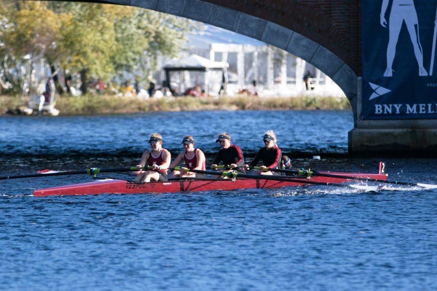 The womens four-boat faced 20mph winds at the Head of the Charles Regatta, taking 10th place in a field of 40. (Photo courtesy of Hana Isihara 17)