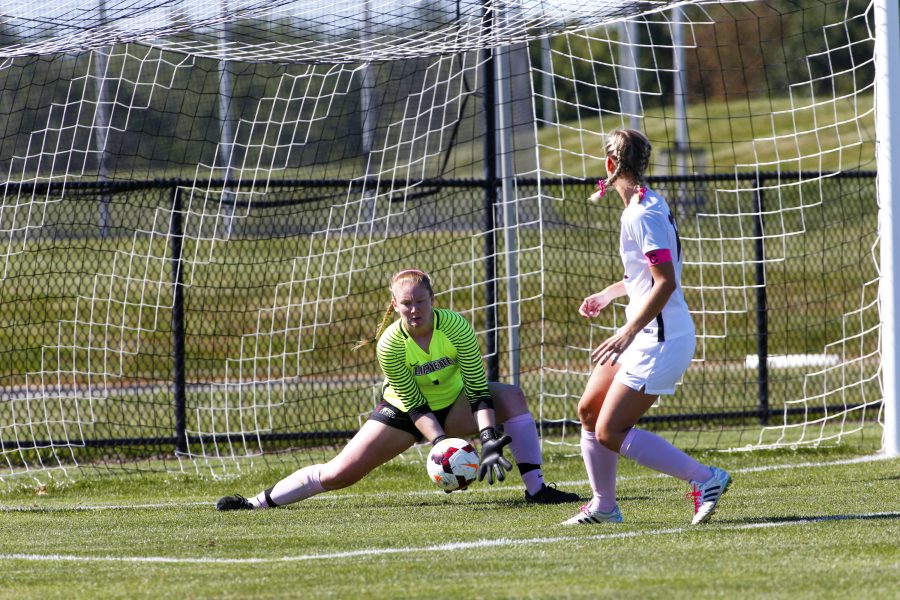 Sophomore goalkeeper Maggie Pohl made four saves in 2-0 loss to American. (Photo courtesy of Athletic Communications)