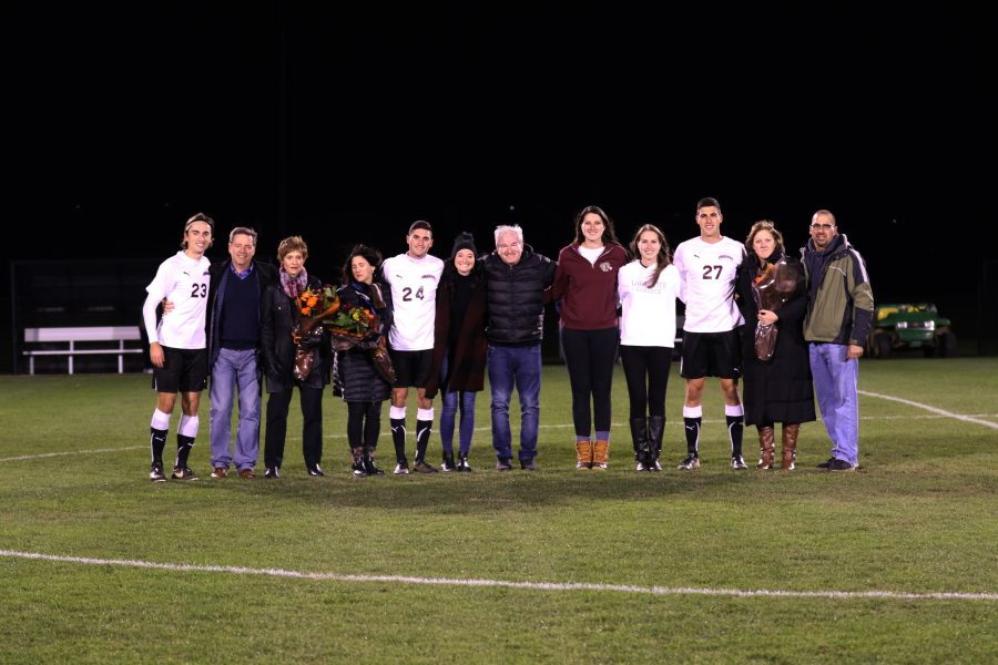 Seniors+Kruczek%2C+DeStefano%2C+and+Koval+were+honored+in+a+pregame+ceremony+with+their+families.+%28Photo+courtesy+of+Athletic+Communications%29