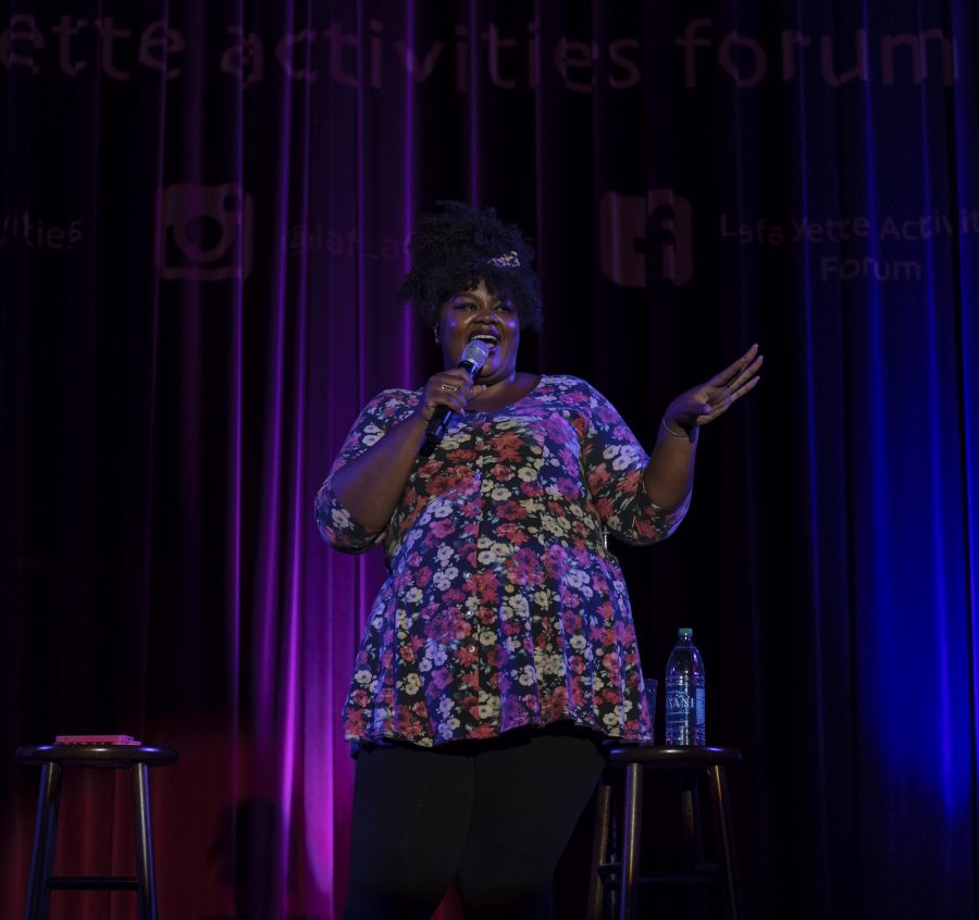 Former Girl Code commentator Nicole Byer had her audience roaring in laughter Wednesday in Colton Chapel.     
(Photo by Elle Cox 21)