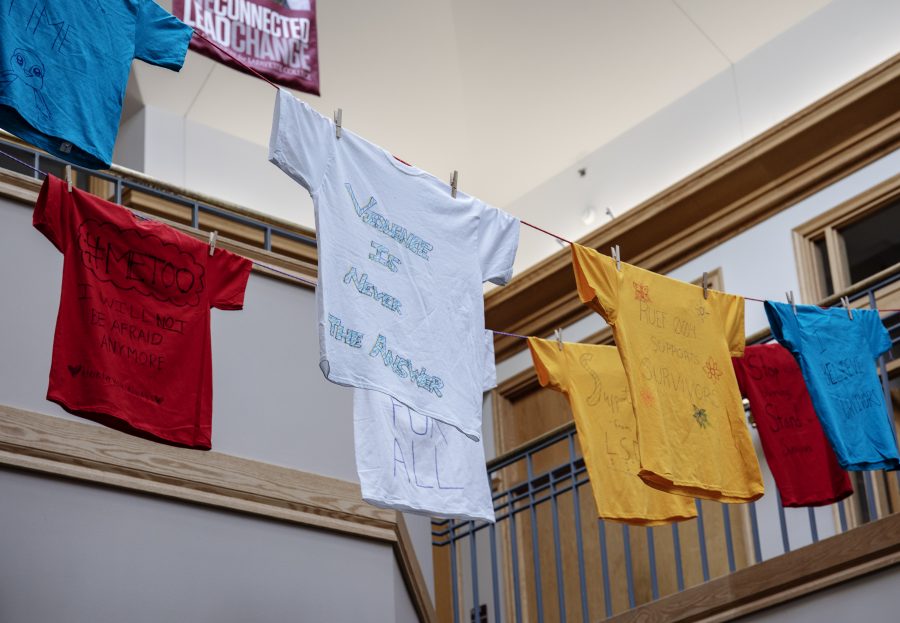 Pards Against Sexual Assault invited the campus community to share their messages by decorating shirts for Take Back the Night. (Photo by Elle Cox 21)