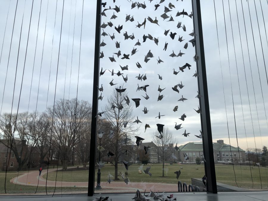 150 paper cranes have been installed in Skillman Library to represent the number of birds that have died from colliding with buildings. (Photo by Morgan Sturm '19)