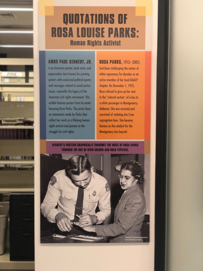 The Rosa Parks exhibition in Skillman Library highlights Parks' activism as part of the celebration of Black Heritage Month. (Photo by Mario Sanchez '21)