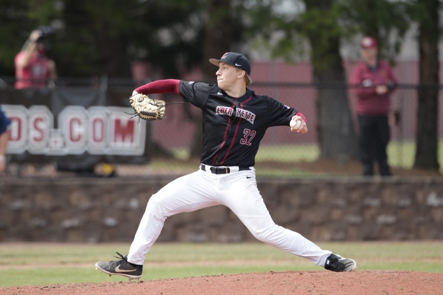 Junior pitcher Brett Kreyer was determined to get the Leopards a win over Bucknell. (Photo courtesy of Athletic Communications)
