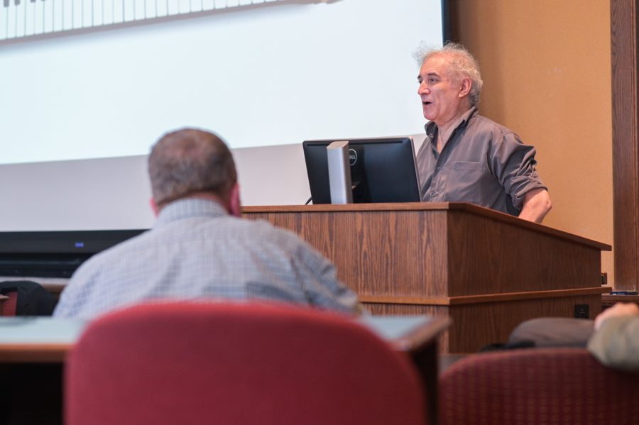 Larry Fast '73 discusses the history of technology in music. (Photo by Brandon Marin '22)