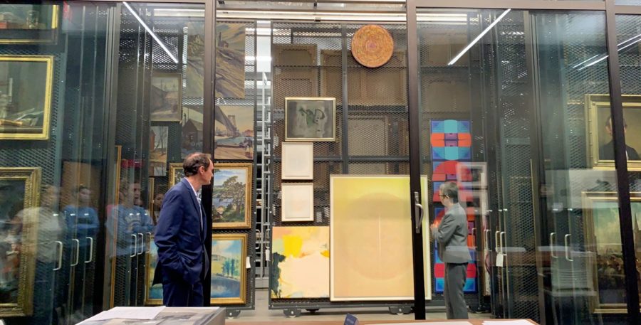 Professor Robert Mattison and curator Michiko Okaya show contemporary art to the modern art history class in the new Kirby Art Study Center. (Photo courtesy of Tori Schoen 20).