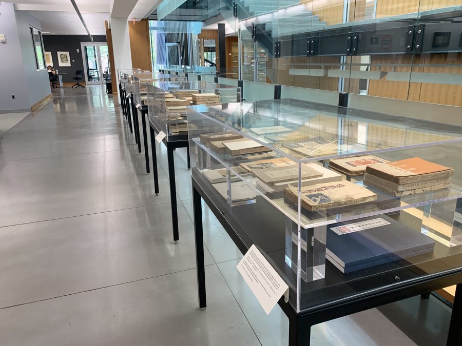 An exhibition showcasing some of artist Xiaoze Xies project Forbidden Memories: Tracing Banned Books in China is on display in the Skillman Library. (Photo by Abi Olofin 22)
