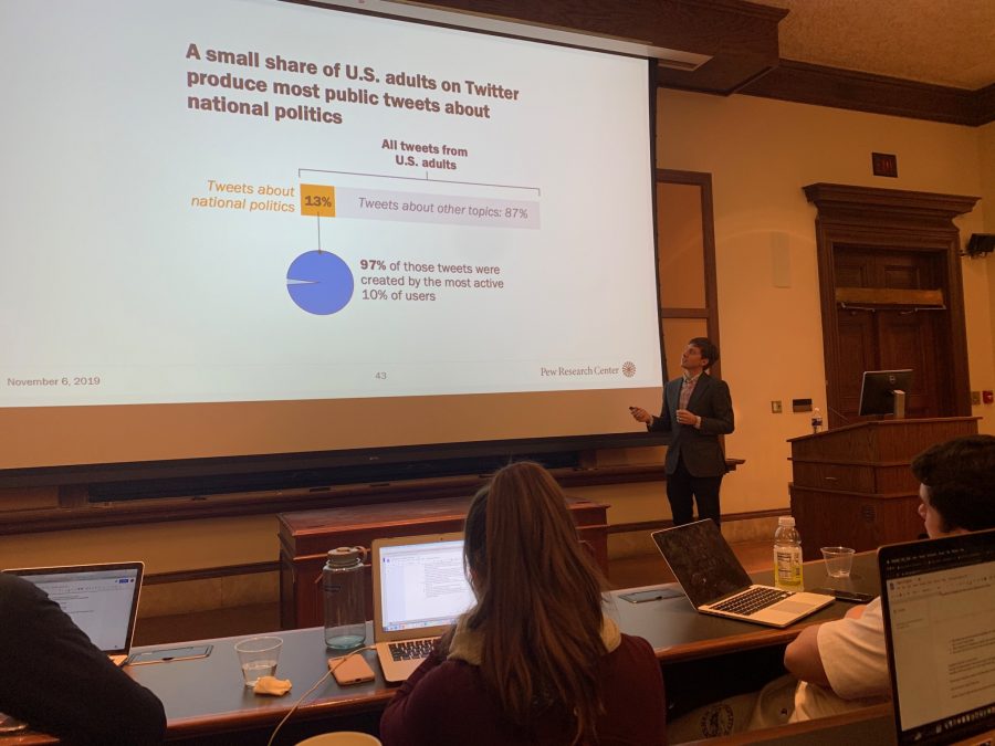Adam Hughes explained that the majority of political tweets come from a small percentage of Twitter users. (Photo by Graham Armknecht ’22)