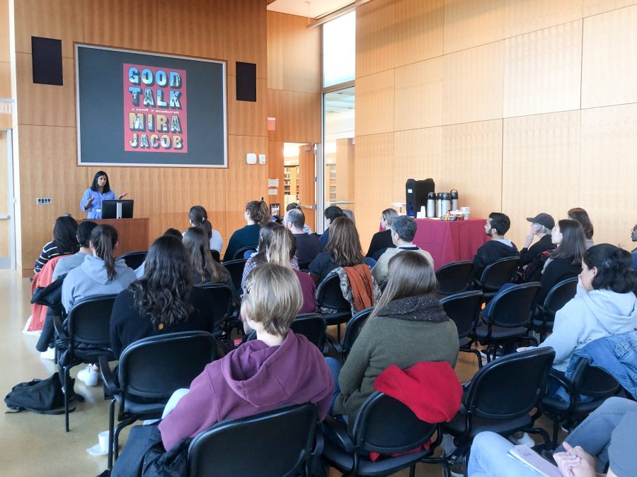 In her talk to the college, Mira Jacob read excerpts from her graphic novel 'Good Talk: A Memoir in Conversations.' (Photo by Brandon Marin '22)
