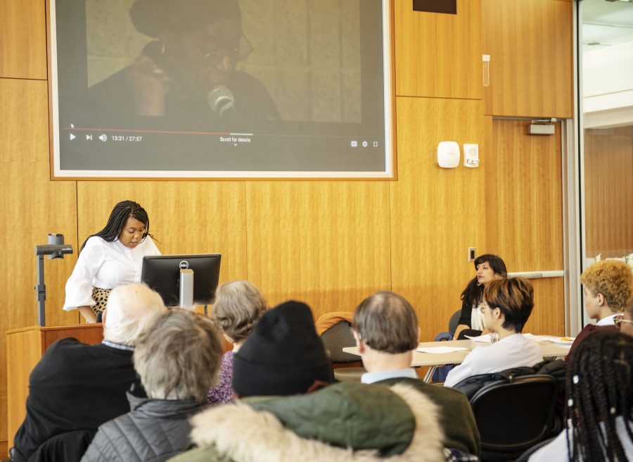 Professors Gill-Sadler and Fernandes discussed the work and significance of Gwendolyn Brooks, the first African American to receive the Pulitzer Prize. (Photo by Elle Cox 21)
