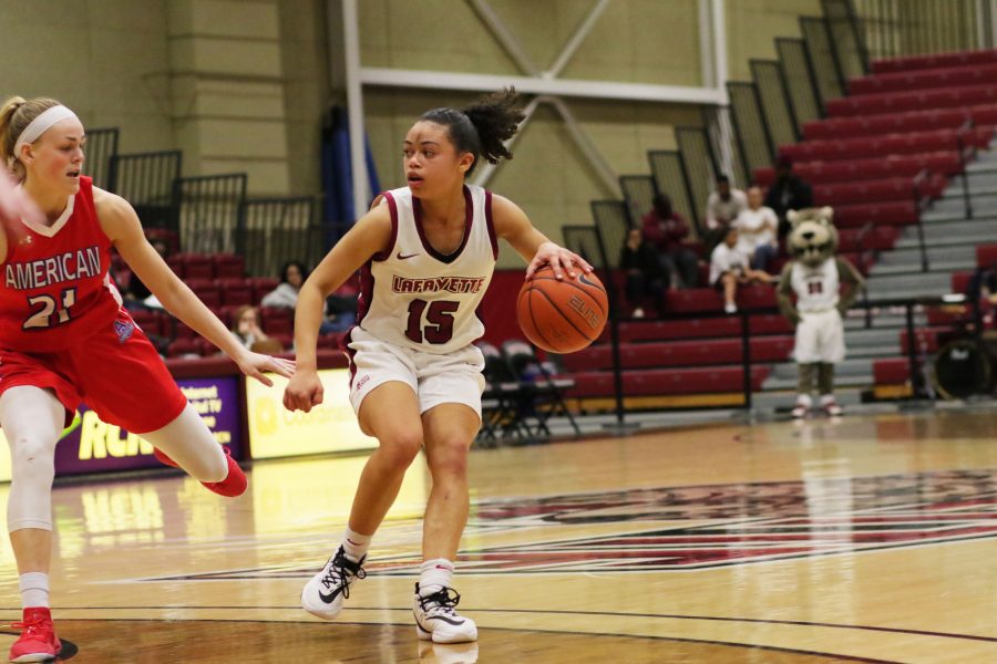 Sophomore guard Nicole Johnson led the Leopards past American with 16 points. (Photo courtesy of Athletic Communications)