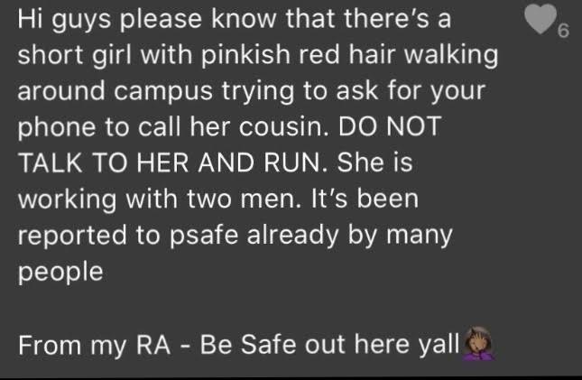 This was one of the messages circulated in group chats around campus on Sunday. (Photo courtesy of Julia Soares 22)