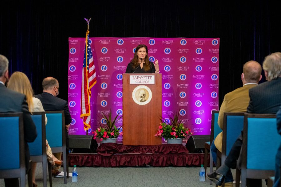Lafayettes next President, Nicole Hurd, giving her introductory address to the Board of Trustees, staff, faculty and students. (Photo courtesy of Lafayette Communications)