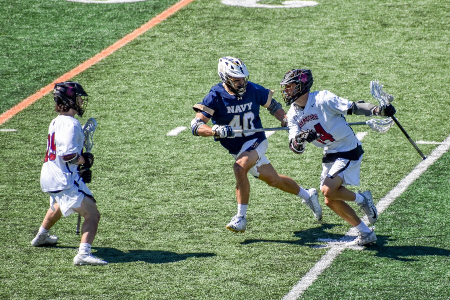 Freshman attacker Peter Lehman (right) was named the Patriot League Rookie of the Year and led the team in goals this season. 
(Photo courtesy of Athletic Communications) 