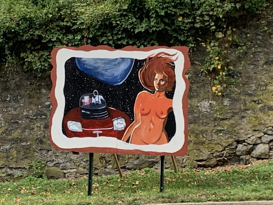 The portion of Anastasiia Shakhurinas 22 mural depicting a Tesla car in space was put up the Friday before Family Weekend, but the uncensored version of the right side was put up Tuesday. (Photo courtesy of Anastasia Shakhurina 22)
