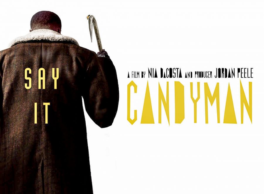 A poster of Candyman. The Candyman stands with his back facing the camera, hooked hand in air. The words say it are written on his back in yellow letters. Beside him in the same yellow color reads, Candyman. Above Candyman reads, A film by Nia DaCosta and producer Jordan Peele.