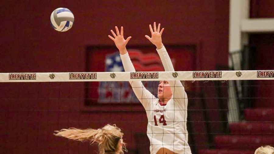 The Lafayette College volleyball team avenged their recent loss to Army, dominating in four sets on Saturday. This was their second consecutive Patriot League win and was highlighted by Deegan who downed the winning point. (Photo courtesy of GoLeopards.com)