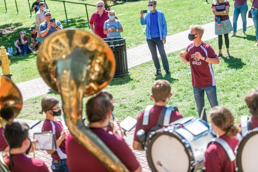 Corey Beck 22 leads Lafayettes Pep Band on and off the field. (Photo by Caroline Burns 22)