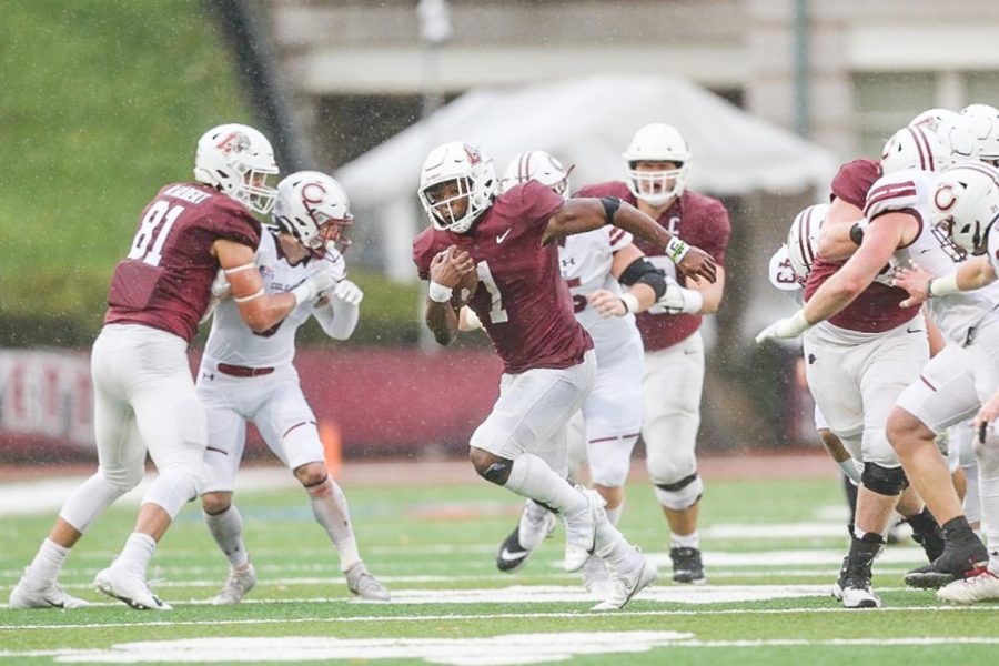 Junior Jaden Sutton (pictured) splitting the defense during his 140-yard performance on Saturday in loss against Colgate. (Photo courtesy of GoLeopards).