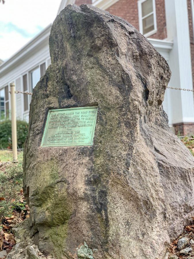 The inscription reads: This stone marks the road over which General John Sullivan marched June 18, 1779 to quell the Indian insurrection and avenge the Wyoming Massacre. (Photo by Caroline Burns 22)