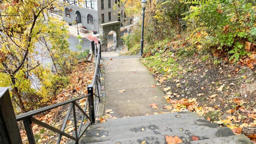 The new trail, which will go behind the Simon Center for Economics, will connect with the steps pictured here. (Photo courtesy of LafNews)