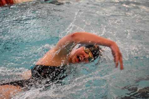 Freshman Megan Douchette (pictured) competes in the freestyle at two-day meet against East Stroudsburg this past weekend. (Photo courtesy of Shannon Dyke 22)