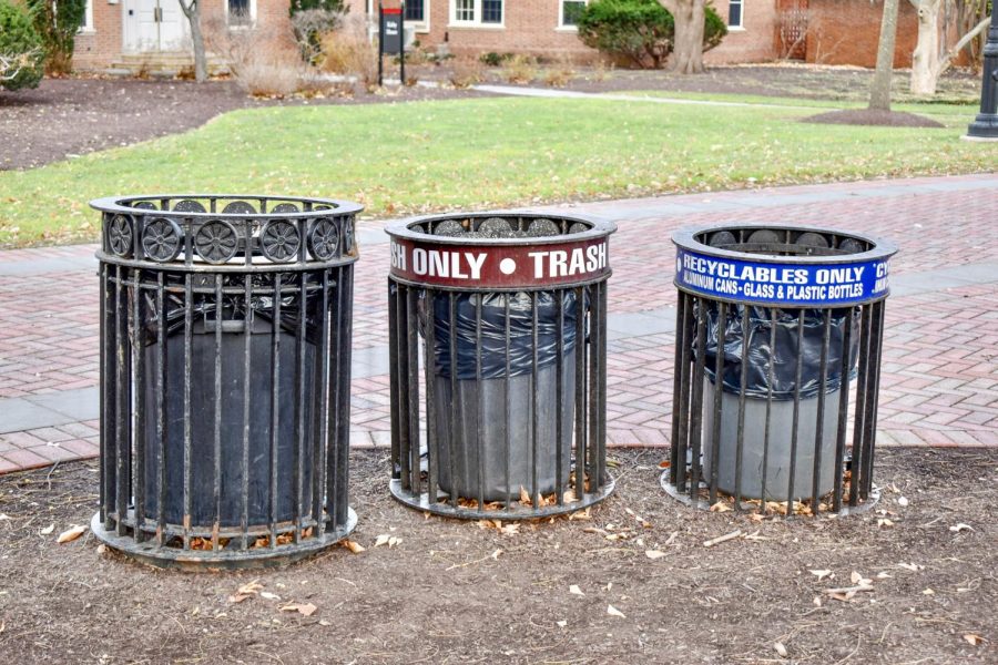 Waste bins such as these can be found around campus, where students can separate their trash between municipal waste and single-stream recycling. (Photo by Emma Sylvester 25)