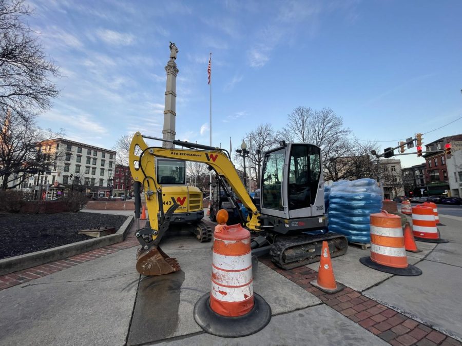 Construction has begun in Centre Square, with the circle planned to grow in size by 20 feet. (Photo by Deanna Hanchuck 22 for The Lafayette)