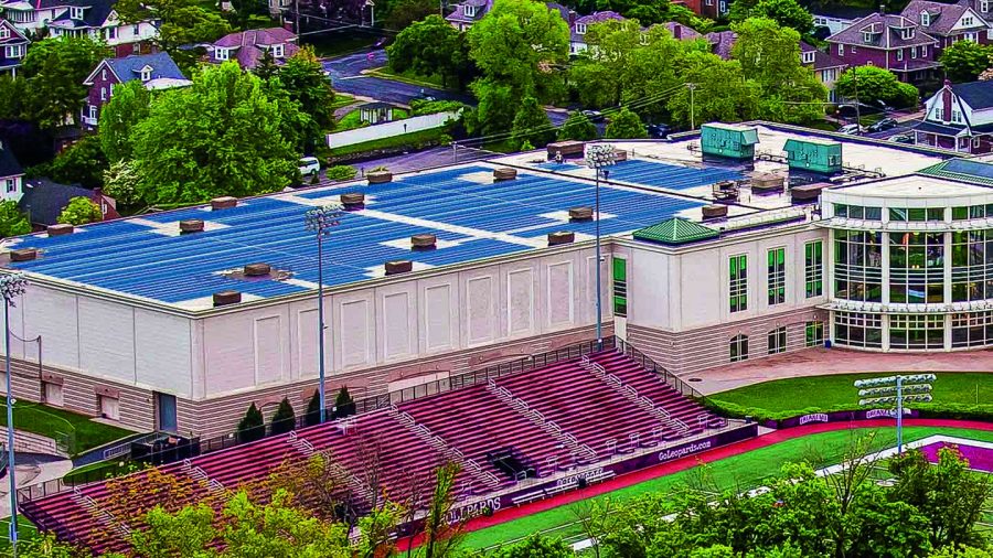 The new solar panels, atop Kirby Sports Center are a large step towards Lafayette sustainability initiatives. (Photo courtesy of Lafayette College website)