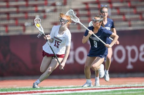 Freshman Nora Burns defends possession against a Villanova player this past Wednesday. (Photo Courtesy of GoLeopards) 