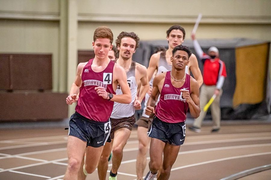 Lafayette's track and field team overcame setbacks with Covid during the season to participate at the Patriot League Indoor Championship. The men's team finished in seventh overall for the weekend. (Photo courtesy of GoLeopards)