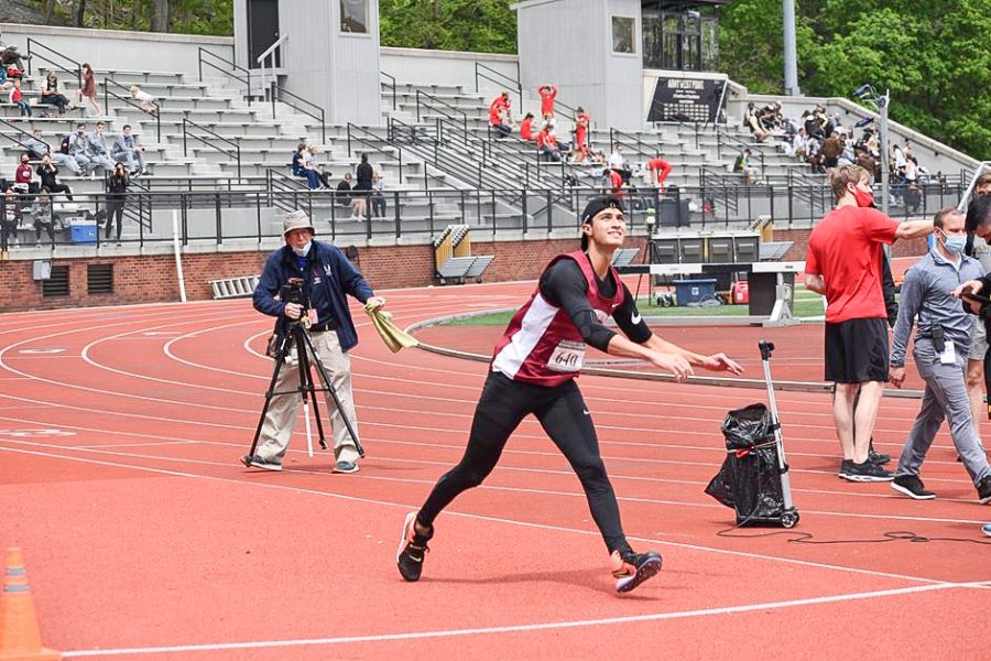 Senior Billy Prebola participating in the javelin this weekend, in which he finished sixth and achieved a personal best as well as a third-best mark in school history. (Photo courtesy of GoLeopards)