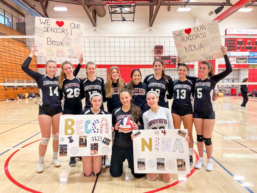 The club volleyball celebrates their seniors last competition at regionals this past weekend. (Photo courtesy of Dolce Whitwell 23)